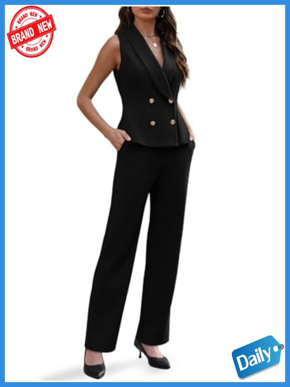 Sleeveless V-Neck Double Breasted Blazer Vest & Pants Suit Set Business Casual - Picture 1 of 6
